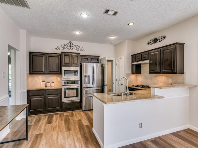 750 Pulitzer Ln, Allen, TX 75002 - kitchen with stainless steel appliances, a sink, light wood-style floors, a peninsula, and backsplash