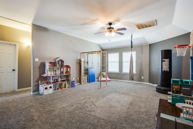 8405 White Stallion Trl, Mckinney, TX 75070 - recreation room with ceiling fan, lofted ceiling, carpet floors, and baseboards