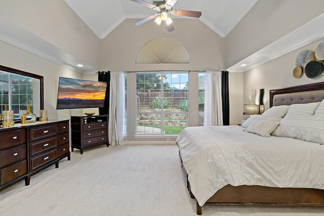 1912 White Oak Rd, Mckinney, TX 75072 - bedroom with ornamental molding, light colored carpet, lofted ceiling, and a ceiling fan