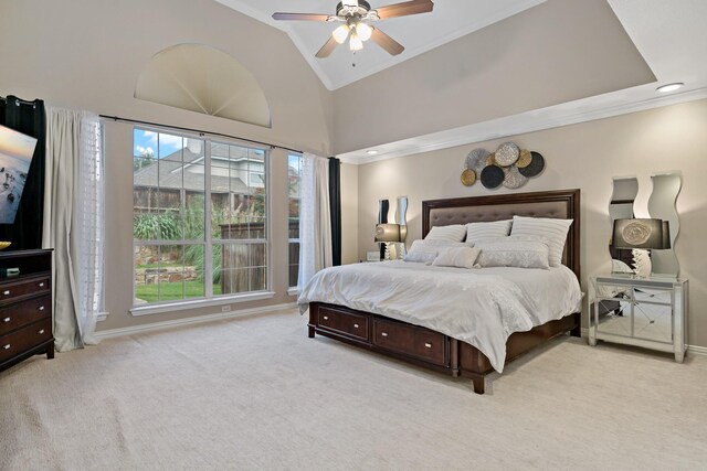 1912 White Oak Rd, Mckinney, TX 75072 - bedroom with ornamental molding, vaulted ceiling, light colored carpet, baseboards, and ceiling fan