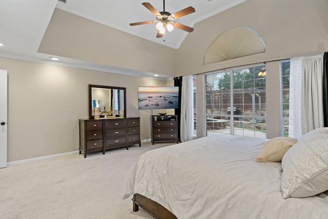 1912 White Oak Rd, Mckinney, TX 75072 - carpeted bedroom with crown molding, baseboards, vaulted ceiling, a ceiling fan, and recessed lighting