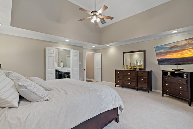 1912 White Oak Rd, Mckinney, TX 75072 - bedroom featuring light colored carpet, ornamental molding, baseboards, recessed lighting, and high vaulted ceiling