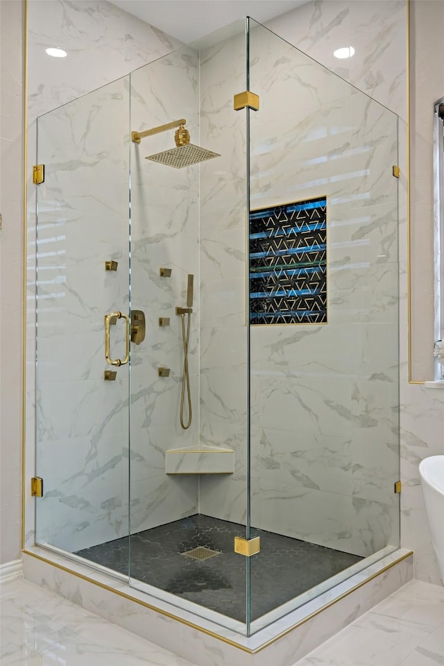 1912 White Oak Rd, Mckinney, TX 75072 - bathroom featuring marble finish flooring, a marble finish shower, and a freestanding tub