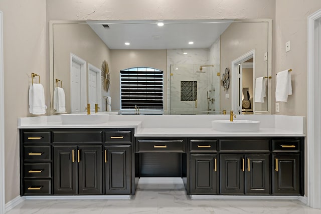 1912 White Oak Rd, Mckinney, TX 75072 - bathroom with marble look tiles, a marble finish shower, and vanity