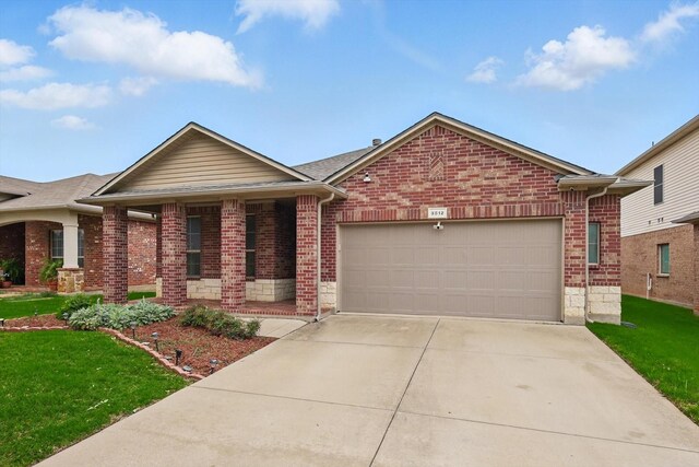 3512 Hornbeam St, Denton, TX 76226 - ranch-style home with a garage, brick siding, driveway, and a front yard