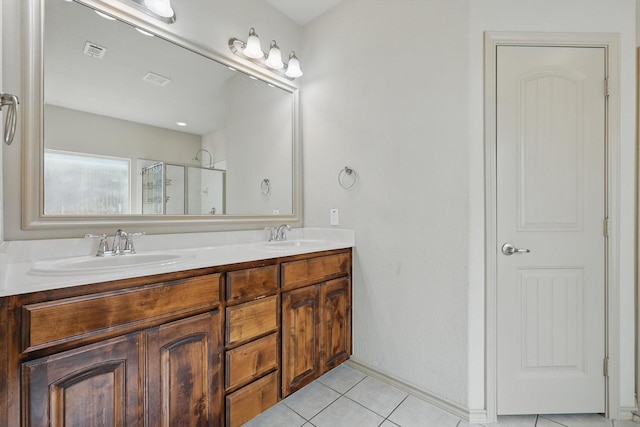 3512 Hornbeam St, Denton, TX 76226 - full bathroom featuring double vanity, a shower with door, and tile patterned floors