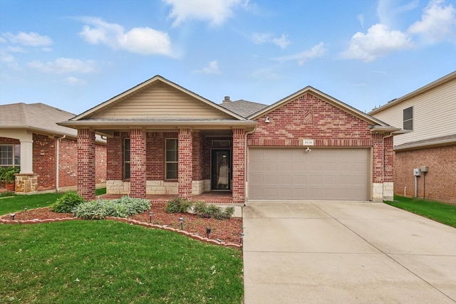 3512 Hornbeam St, Denton, TX 76226 - ranch-style house featuring a garage, brick siding, a porch, and a front yard