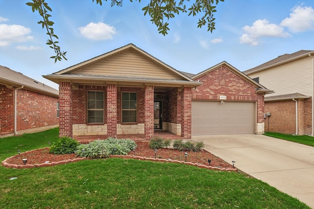 3512 Hornbeam St, Denton, TX 76226 - view of front facade featuring brick siding, an attached garage, a front yard, concrete driveway, and a porch