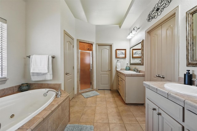 1225 County Road 1021, Burleson, TX 76028 - bathroom with a shower stall, two vanities, a whirlpool tub, and tile patterned flooring