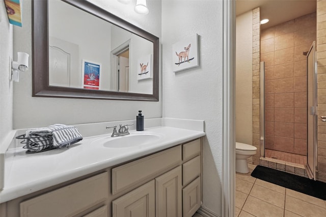 1225 County Road 1021, Burleson, TX 76028 - full bath featuring toilet, vanity, a shower stall, tile patterned floors, and a textured wall