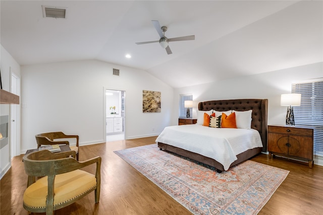 7278 Joyce Way, Dallas, TX 75225 - bedroom with lofted ceiling, wood finished floors, ensuite bathroom, ceiling fan, and baseboards