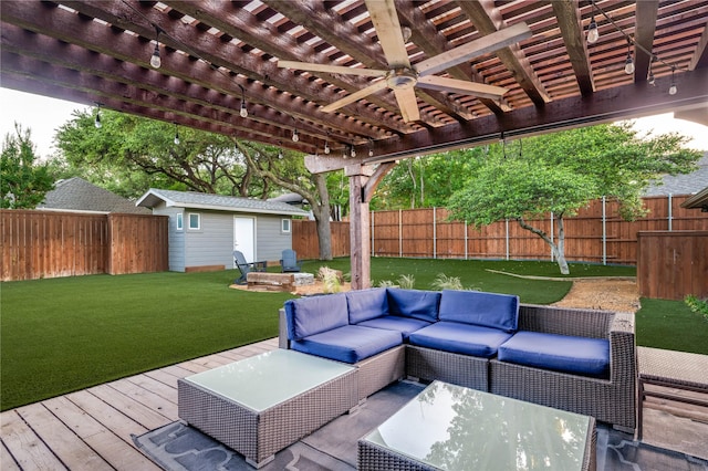 7278 Joyce Way, Dallas, TX 75225 - wooden terrace featuring a pergola, an outbuilding, an outdoor hangout area, and ceiling fan