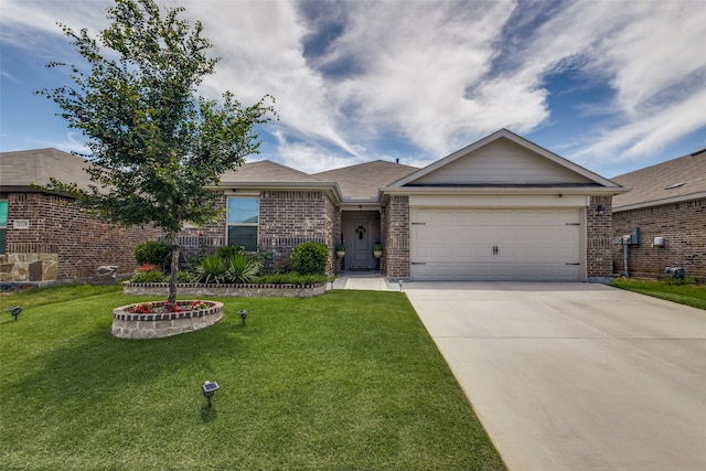 1316 Briar Hill Dr, Denton, TX 76207 - ranch-style home with a garage, driveway, a front lawn, and brick siding