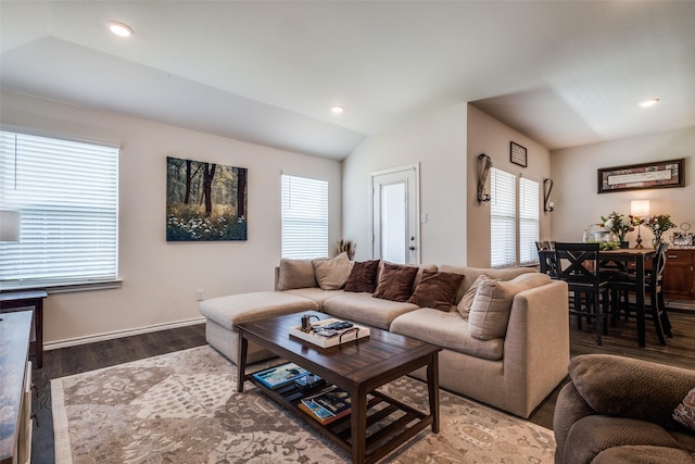 1316 Briar Hill Dr, Denton, TX 76207 - living area featuring wood finished floors, healthy amount of natural light, lofted ceiling, recessed lighting, and baseboards