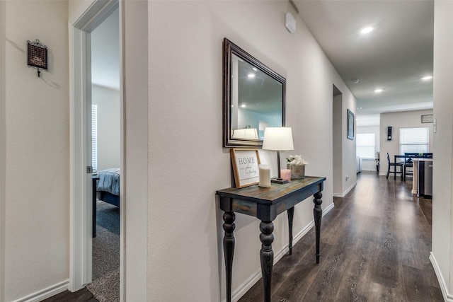 1316 Briar Hill Dr, Denton, TX 76207 - hall with dark wood-style flooring, recessed lighting, and baseboards