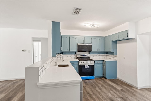 3812 David Ln, Forest Hill, TX 76119 - kitchen with stainless steel appliances, a sink, blue cabinetry, wood finished floors, and tasteful backsplash