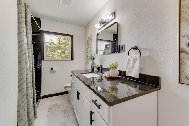 3467 Binyon St, Fort Worth, TX 76133 - bathroom with vanity, toilet, marble look tile flooring, and a shower with curtain