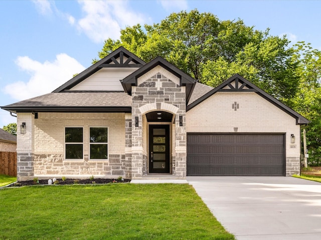 4416 Green Acres Ct, Arlington, TX 76017 - french country style house featuring an attached garage, stone siding, a shingled roof, driveway, and a front lawn