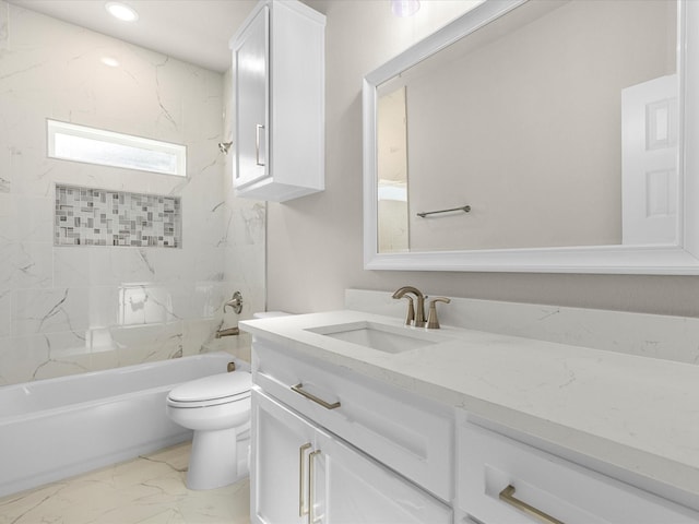 4416 Green Acres Ct, Arlington, TX 76017 - full bath with marble look tiles, vanity, toilet, shower / bath combination, and recessed lighting
