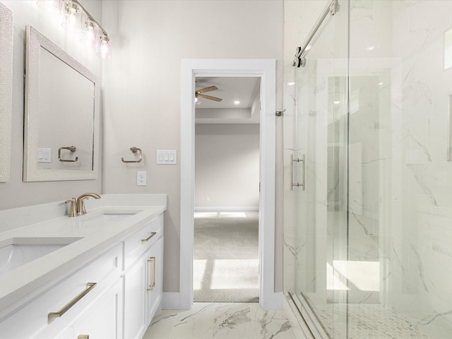 4416 Green Acres Ct, Arlington, TX 76017 - full bath with ceiling fan, a marble finish shower, double vanity, marble look tiles, and baseboards