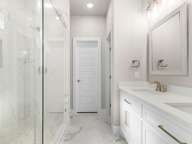 4416 Green Acres Ct, Arlington, TX 76017 - bathroom with a marble finish shower, marble look tiles, baseboards, double vanity, and recessed lighting