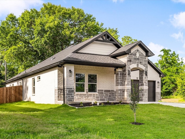 4416 Green Acres Ct, Arlington, TX 76017 - french country style house with stone siding, roof with shingles, concrete driveway, and a garage