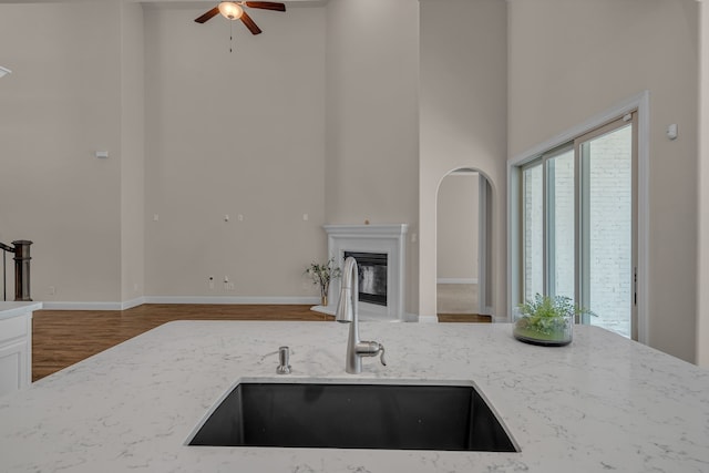 7819 Uxbridge Dr, Irving, TX 75063 - kitchen with a sink, a towering ceiling, a ceiling fan, light stone counters, and a glass covered fireplace