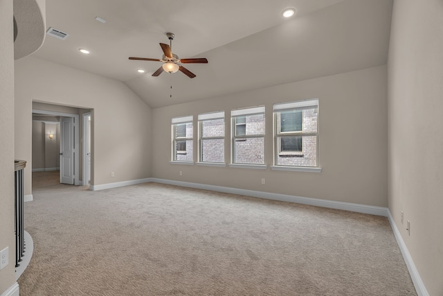 7819 Uxbridge Dr, Irving, TX 75063 - unfurnished room featuring vaulted ceiling, ceiling fan, light carpet, baseboards, and recessed lighting