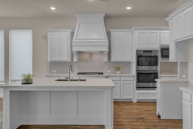 7819 Uxbridge Dr, Irving, TX 75063 - kitchen featuring stainless steel appliances, a sink, custom exhaust hood, white cabinetry, and tasteful backsplash