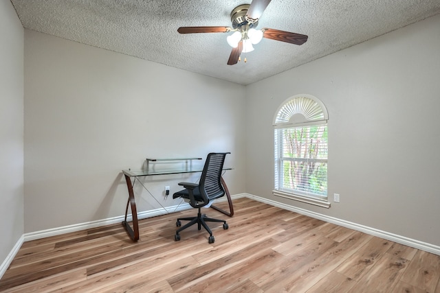 250 E Bancroft Dr, Garland, TX 75040 - office area featuring wood finished floors, a textured ceiling, a ceiling fan, and baseboards