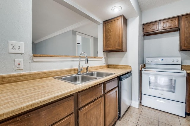6646 E Lovers Ln Unit 1510, Dallas, TX 75214 - kitchen with white range with electric cooktop, a sink, stainless steel dishwasher, light countertops, and light tile patterned flooring