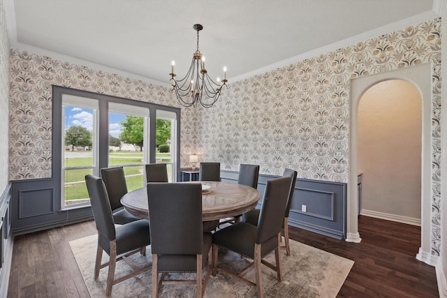 1000 Van Zandt Ct, Haslet, TX 76052 - dining room with wallpapered walls, a chandelier, wainscoting, wood finished floors, and crown molding