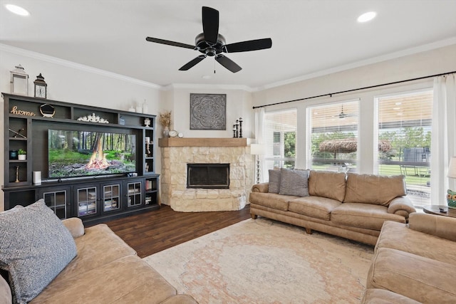 1000 Van Zandt Ct, Haslet, TX 76052 - living area with wood finished floors, a fireplace, ornamental molding, ceiling fan, and recessed lighting