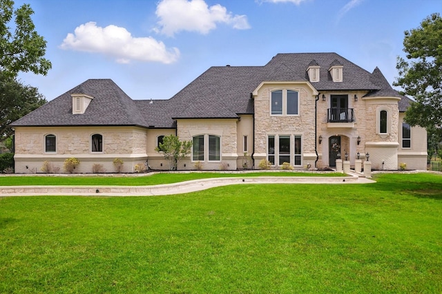 1000 Van Zandt Ct, Haslet, TX 76052 - french country inspired facade featuring a balcony, stone siding, a front yard, and roof with shingles