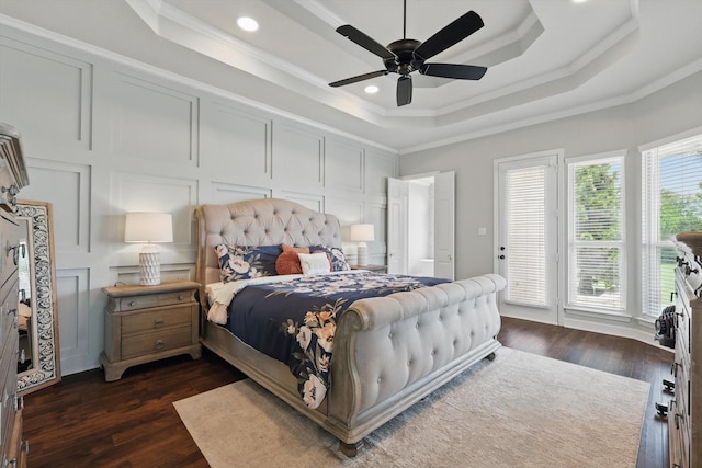 1000 Van Zandt Ct, Haslet, TX 76052 - bedroom with a tray ceiling, crown molding, dark wood-type flooring, access to outside, and recessed lighting