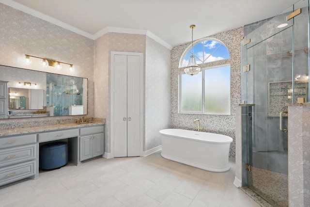 1000 Van Zandt Ct, Haslet, TX 76052 - full bath with healthy amount of natural light, a soaking tub, a shower stall, vanity, and ornamental molding