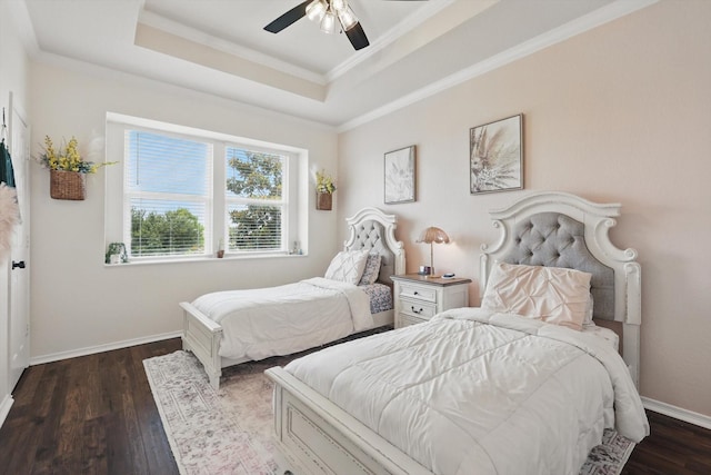 1000 Van Zandt Ct, Haslet, TX 76052 - bedroom featuring a tray ceiling, dark wood finished floors, a ceiling fan, baseboards, and ornamental molding