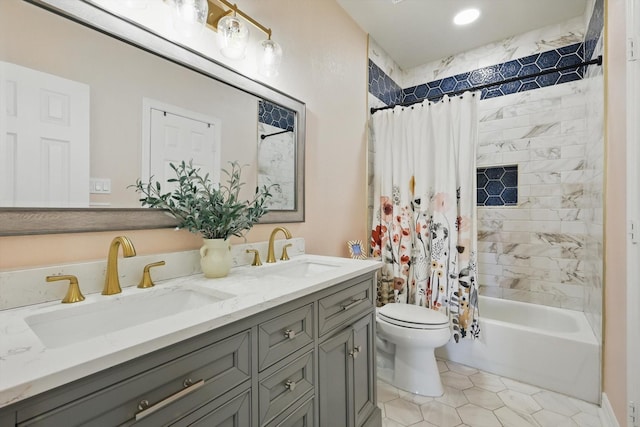1000 Van Zandt Ct, Haslet, TX 76052 - full bath featuring double vanity, toilet, shower / bath combo with shower curtain, and tile patterned floors