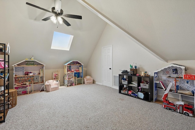 1000 Van Zandt Ct, Haslet, TX 76052 - rec room featuring carpet, vaulted ceiling, a skylight, and ceiling fan