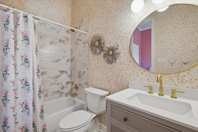 1000 Van Zandt Ct, Haslet, TX 76052 - full bath featuring wallpapered walls, toilet, shower / tub combo, and vanity