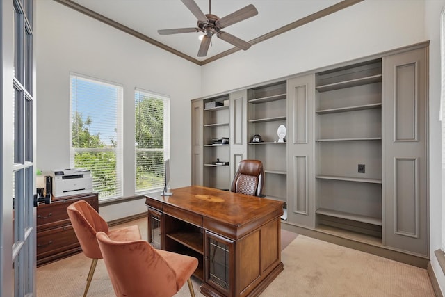 1000 Van Zandt Ct, Haslet, TX 76052 - office area featuring ceiling fan, ornamental molding, light colored carpet, built in shelves, and baseboards
