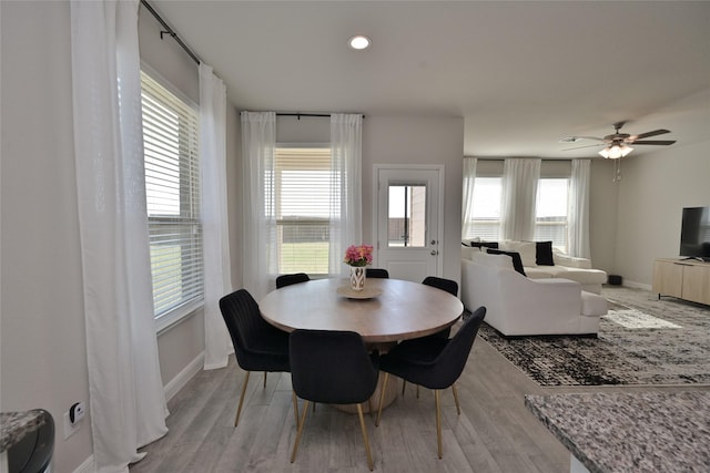 186 Dogwood Ave, Rhome, TX 76078 - dining area featuring baseboards, light wood-type flooring, recessed lighting, and ceiling fan
