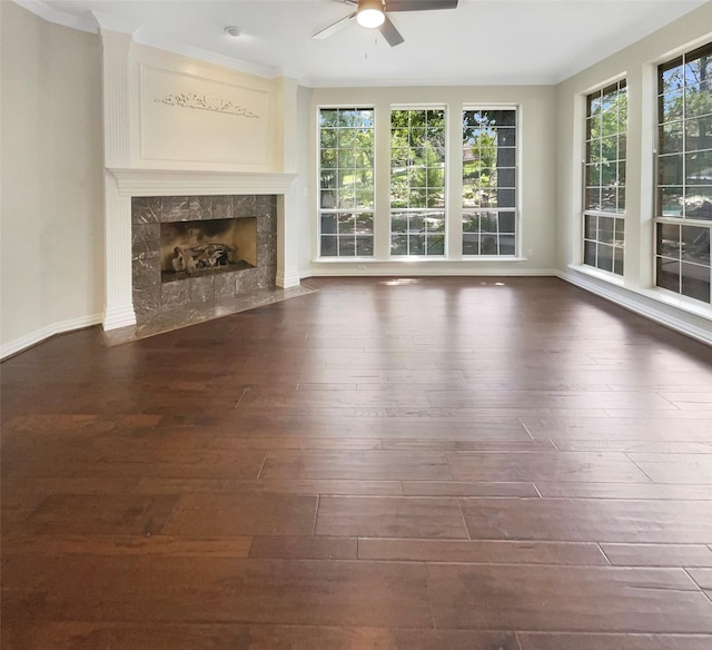 6029 Bellaire Dr, Benbrook, TX 76132 - unfurnished living room featuring a ceiling fan, hardwood / wood-style floors, and a tile fireplace