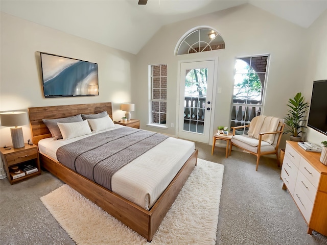 6029 Bellaire Dr, Benbrook, TX 76132 - bedroom featuring vaulted ceiling, carpet floors, access to exterior, and ceiling fan