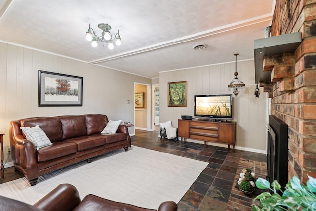 1113 Stanley St, Denton, TX 76201 - living area with stone tile flooring, a fireplace, baseboards, and crown molding
