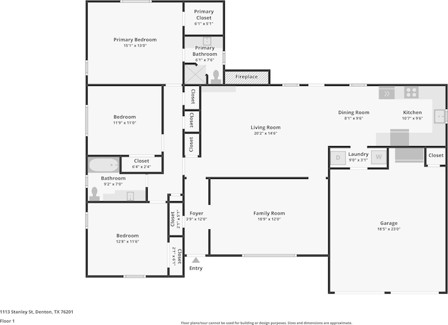 1113 Stanley St, Denton, TX 76201 - floor plan / room layout