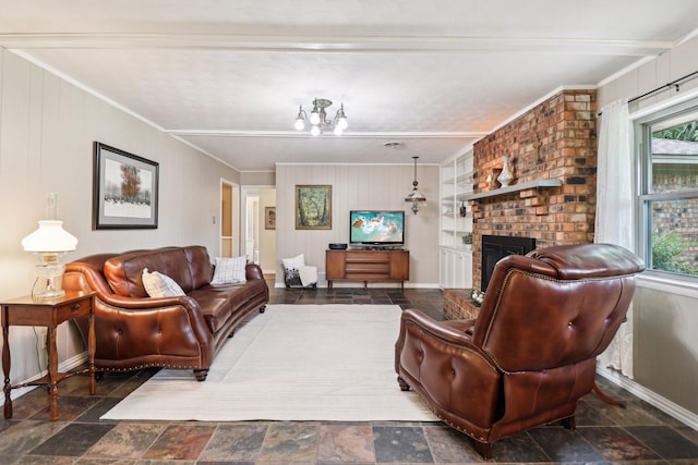 1113 Stanley St, Denton, TX 76201 - living area with crown molding, a fireplace, stone finish floors, baseboards, and wooden walls