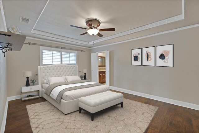 2612 Windsor Pl, Plano, TX 75075 - bedroom with a raised ceiling, baseboards, wood finished floors, and a ceiling fan