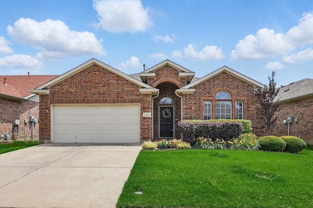 2408 Charisma Dr, Fort Worth, TX 76131 - traditional-style home featuring brick siding, concrete driveway, a front yard, and an attached garage