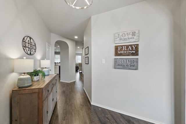 2408 Charisma Dr, Fort Worth, TX 76131 - corridor featuring arched walkways, dark wood-type flooring, baseboards, and recessed lighting